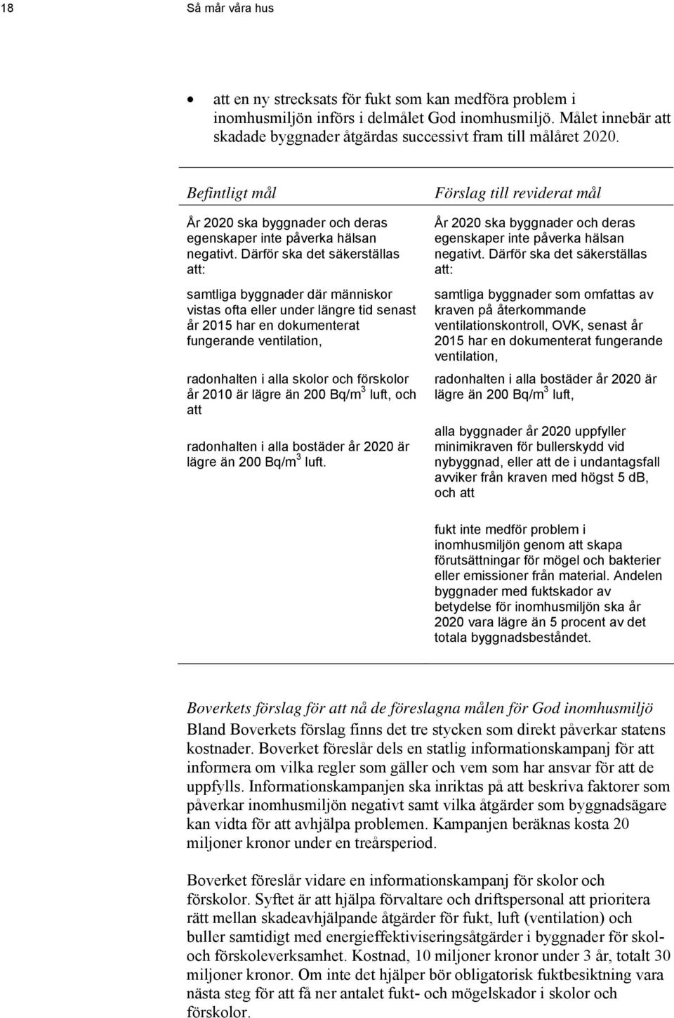 Därför ska det säkerställas att: samtliga byggnader där människor vistas ofta eller under längre tid senast år 2015 har en dokumenterat fungerande ventilation, radonhalten i alla skolor och förskolor