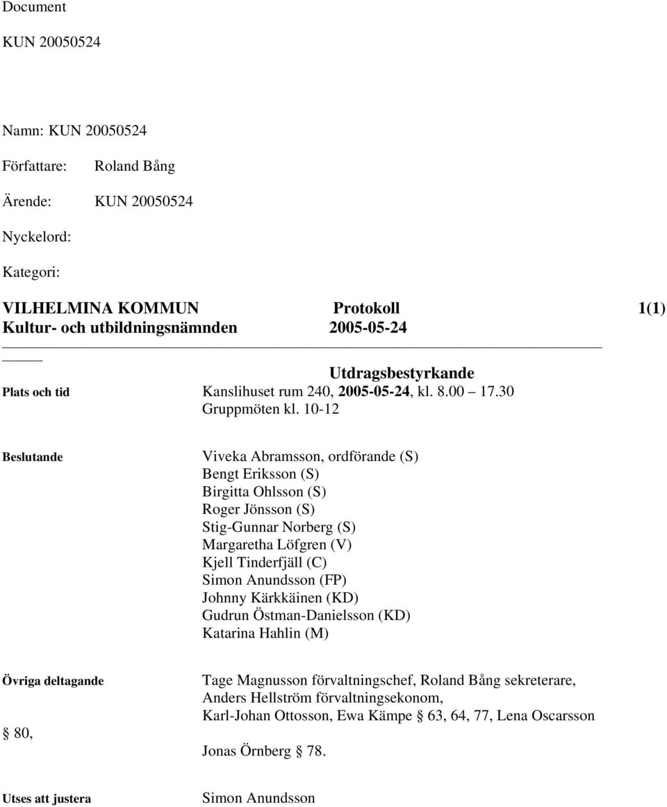 10-12 Beslutande Viveka Abramsson, ordförande (S) Bengt Eriksson (S) Birgitta Ohlsson (S) Roger Jönsson (S) Stig-Gunnar Norberg (S) Margaretha Löfgren (V) Kjell Tinderfjäll (C) Simon Anundsson