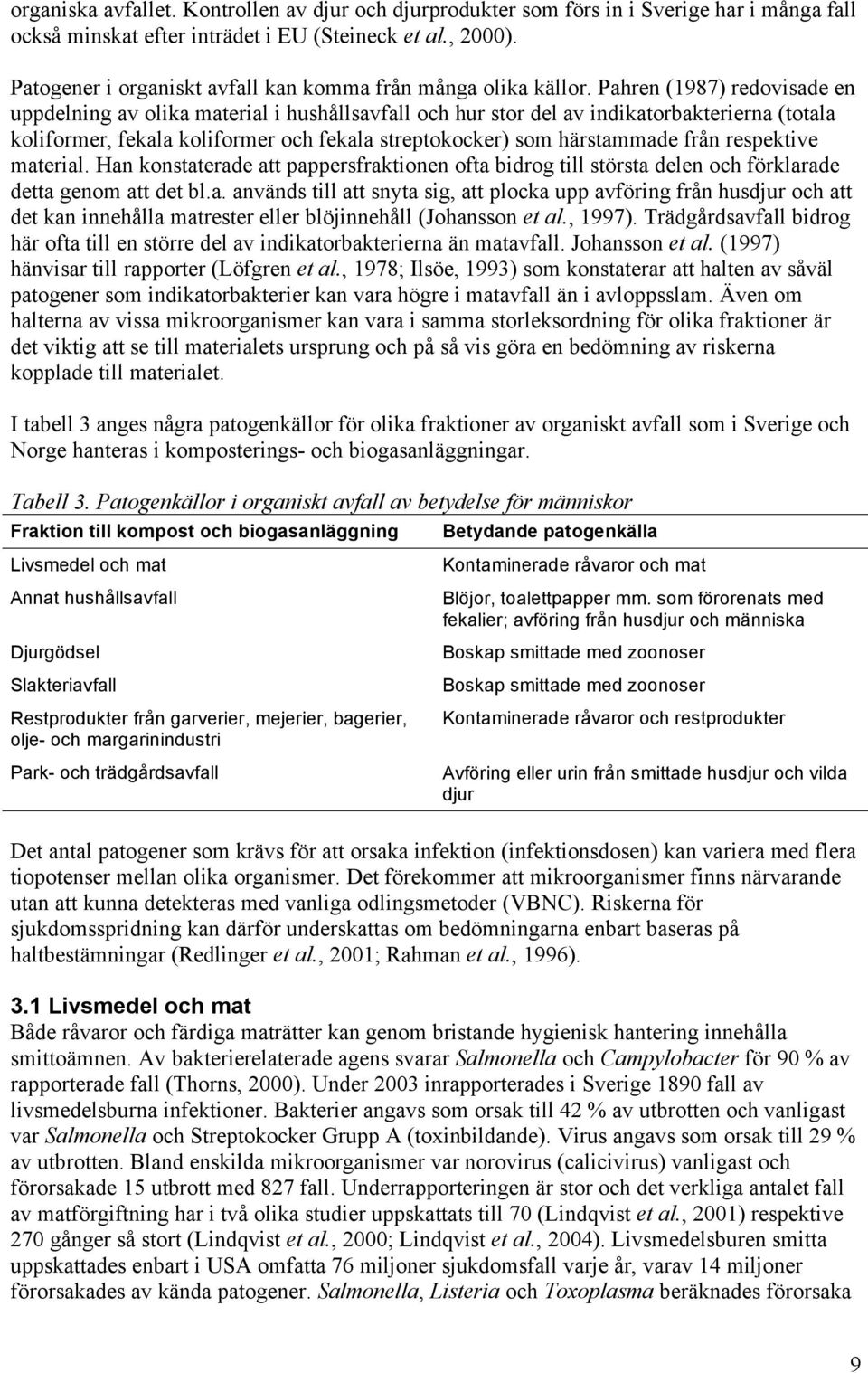 Pahren (1987) redovisade en uppdelning av olika material i hushållsavfall och hur stor del av indikatorbakterierna (totala koliformer, fekala koliformer och fekala streptokocker) som härstammade från