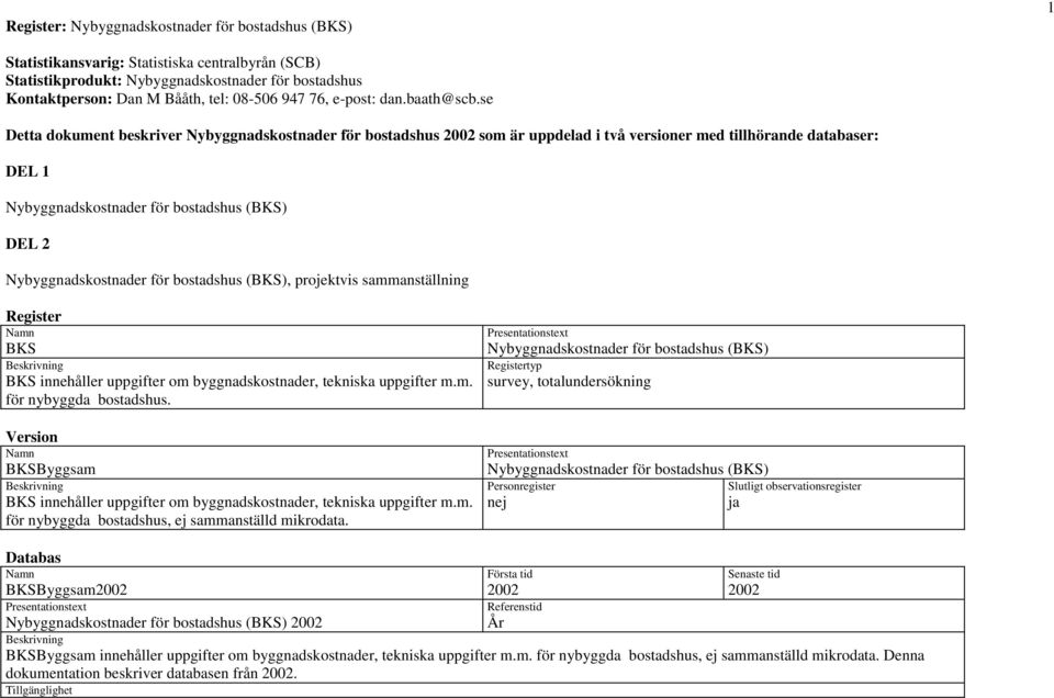 se Detta dokument beskriver Nybyggnadskostnader för bostadshus 2002 som är uppdelad i två versioner med tillhörande databaser: DEL 1 Nybyggnadskostnader för bostadshus (BKS) DEL 2 Nybyggnadskostnader