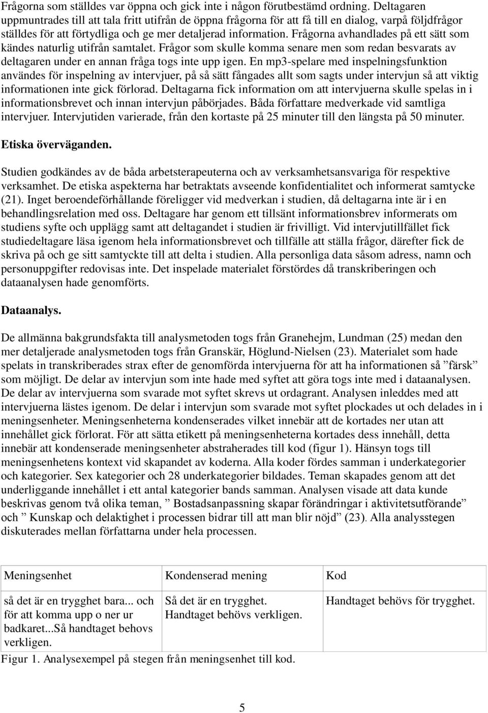 Frågorna avhandlades på ett sätt som kändes naturlig utifrån samtalet. Frågor som skulle komma senare men som redan besvarats av deltagaren under en annan fråga togs inte upp igen.