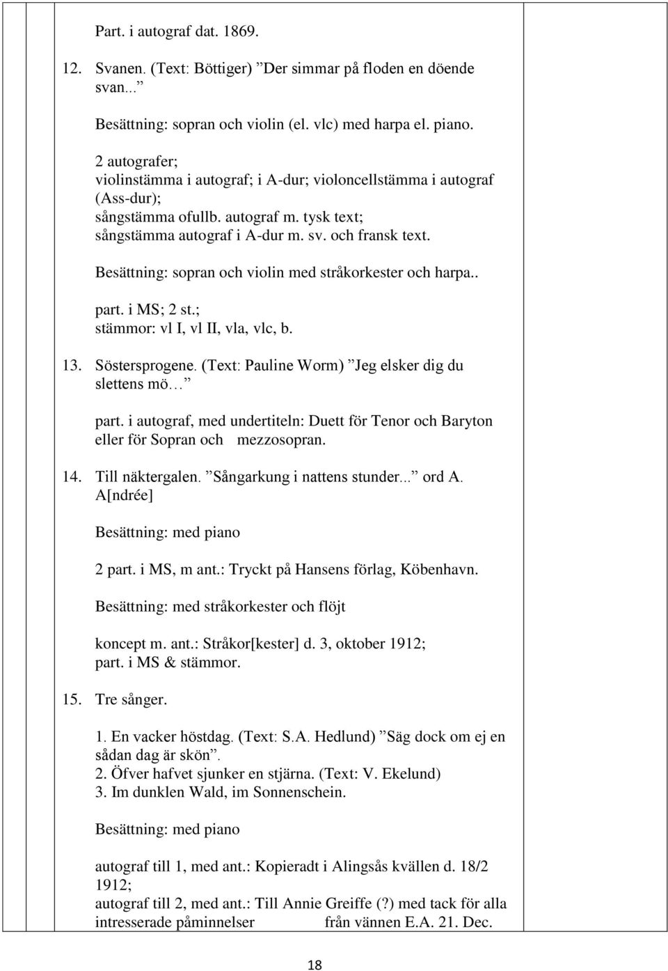 Beättning: opran och violin med tråoreter och harpa.. part. i MS; 2 t.; tämmor: vl I, vl II, vla, vlc, b. 13. Söterprogene. (Text: Pauline Worm) Jeg eler dig du letten mö part.