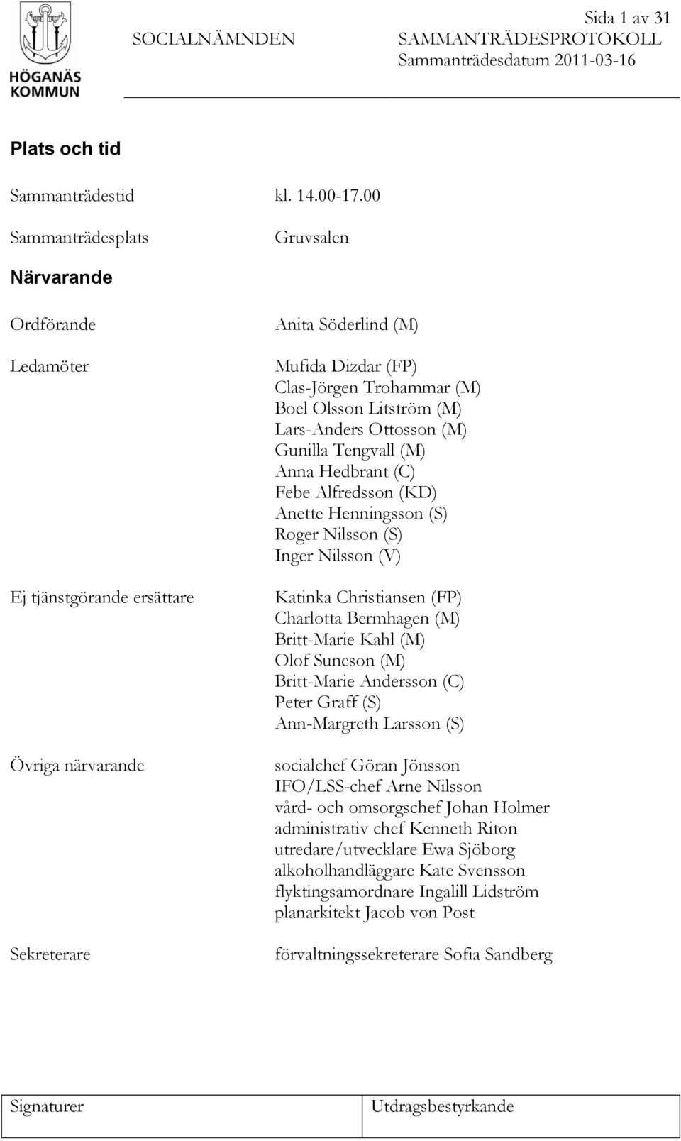 Litström (M) Lars-Anders Ottosson (M) Gunilla Tengvall (M) Anna Hedbrant (C) Febe Alfredsson (KD) Anette Henningsson (S) Roger Nilsson (S) Inger Nilsson (V) Katinka Christiansen (FP) Charlotta
