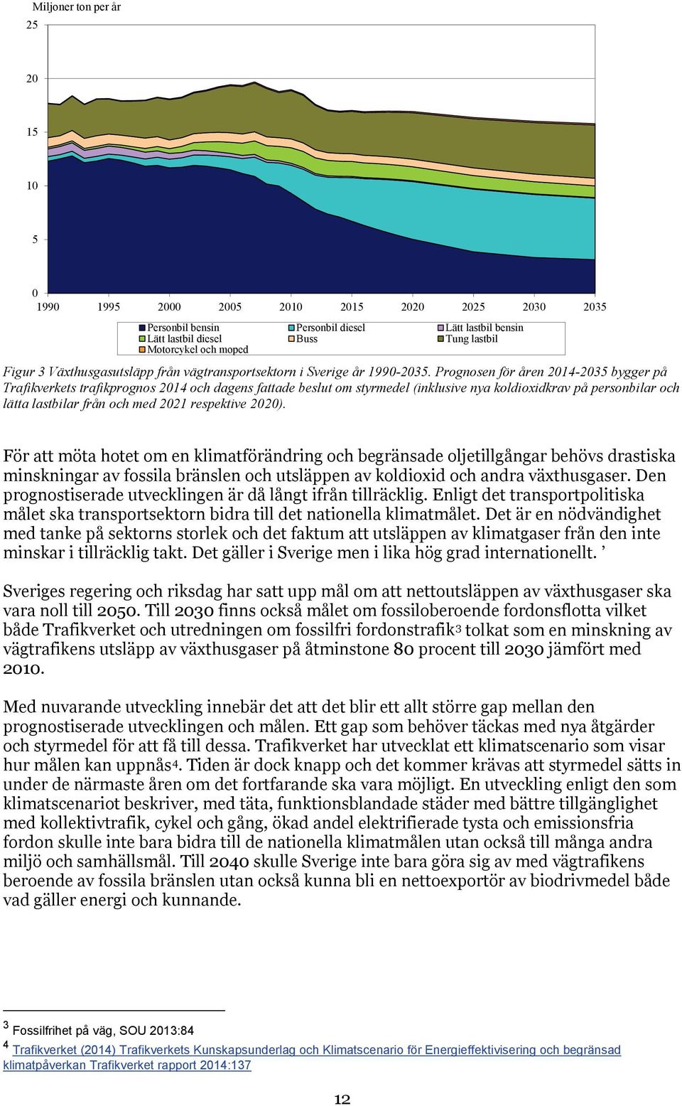 Prognosen för åren 2014-2035 bygger på Trafikverkets trafikprognos 2014 och dagens fattade beslut om styrmedel (inklusive nya koldioxidkrav på personbilar och lätta lastbilar från och med 2021