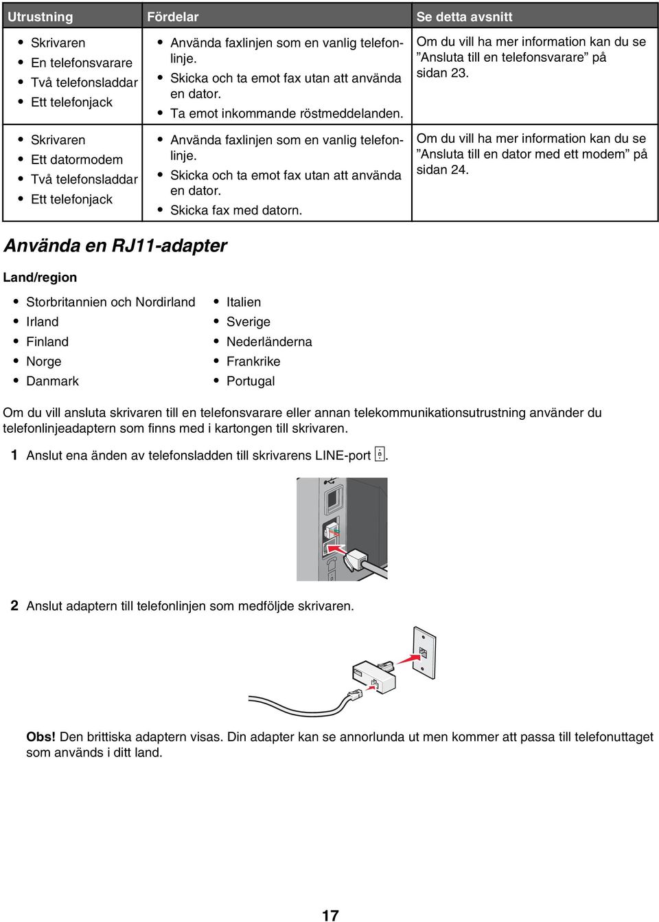 Om du vill ha mer information kan du se Ansluta till en telefonsvarare på sidan 23. Om du vill ha mer information kan du se Ansluta till en dator med ett modem på sidan 24.