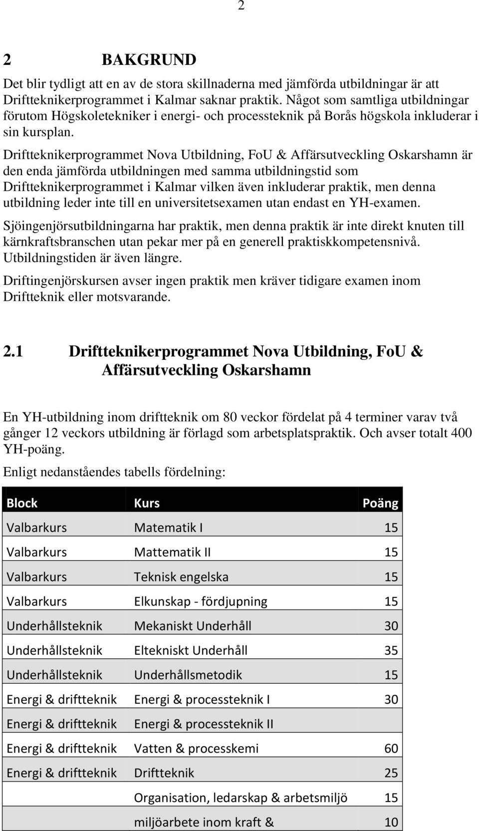 Driftteknikerprogrammet Nova Utbildning, FoU & Affärsutveckling Oskarshamn är den enda jämförda utbildningen med samma utbildningstid som Driftteknikerprogrammet i Kalmar vilken även inkluderar