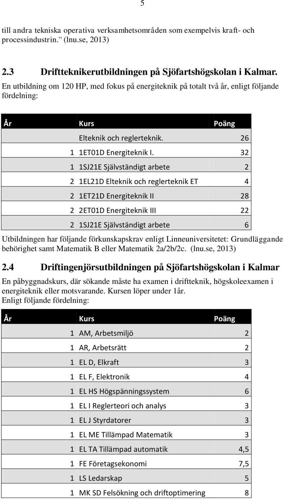 32 1 1SJ21E Självständigt arbete 2 2 1EL21D Elteknik och reglerteknik ET 4 2 1ET21D Energiteknik II 28 2 2ET01D Energiteknik III 22 2 1SJ21E Självständigt arbete 6 Utbildningen har följande