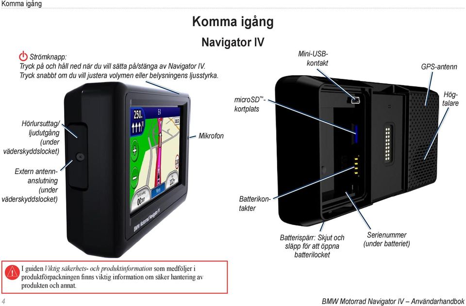 Komma igång Navigator IV microsd - kortplats GPS-antenn Batterikontakter Högtalare Hörlursuttag/ ljudutgång (under väderskyddslocket) Mikrofon Extern