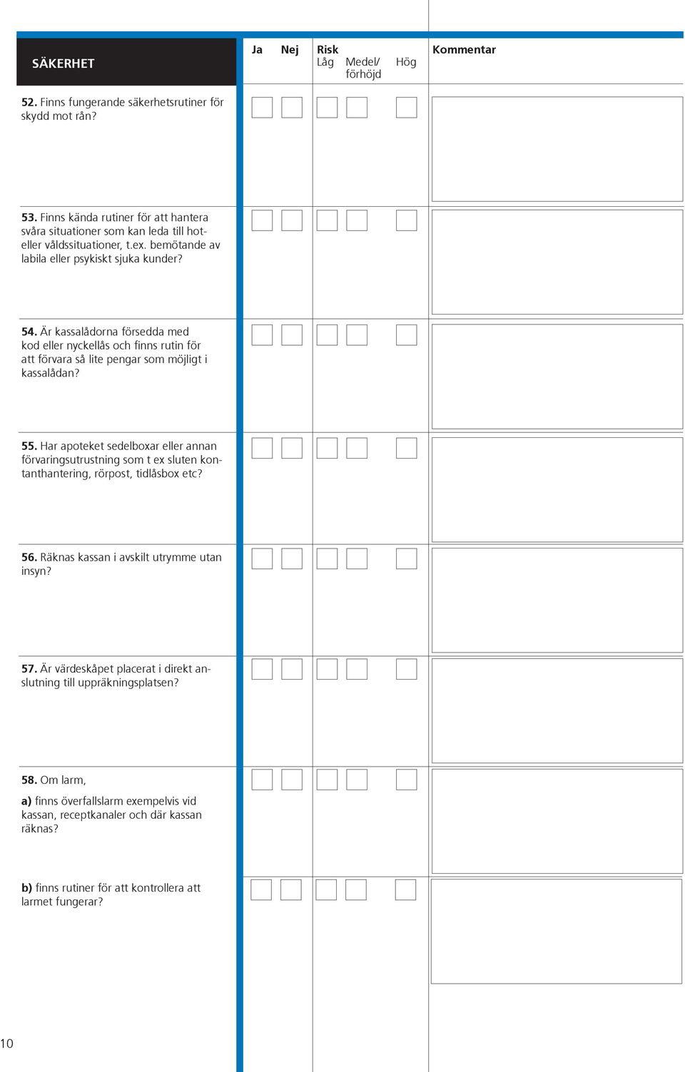 Är kassalådorna försedda med kod eller nyckellås och finns rutin för att förvara så lite pengar som möjligt i kassalådan? 55.