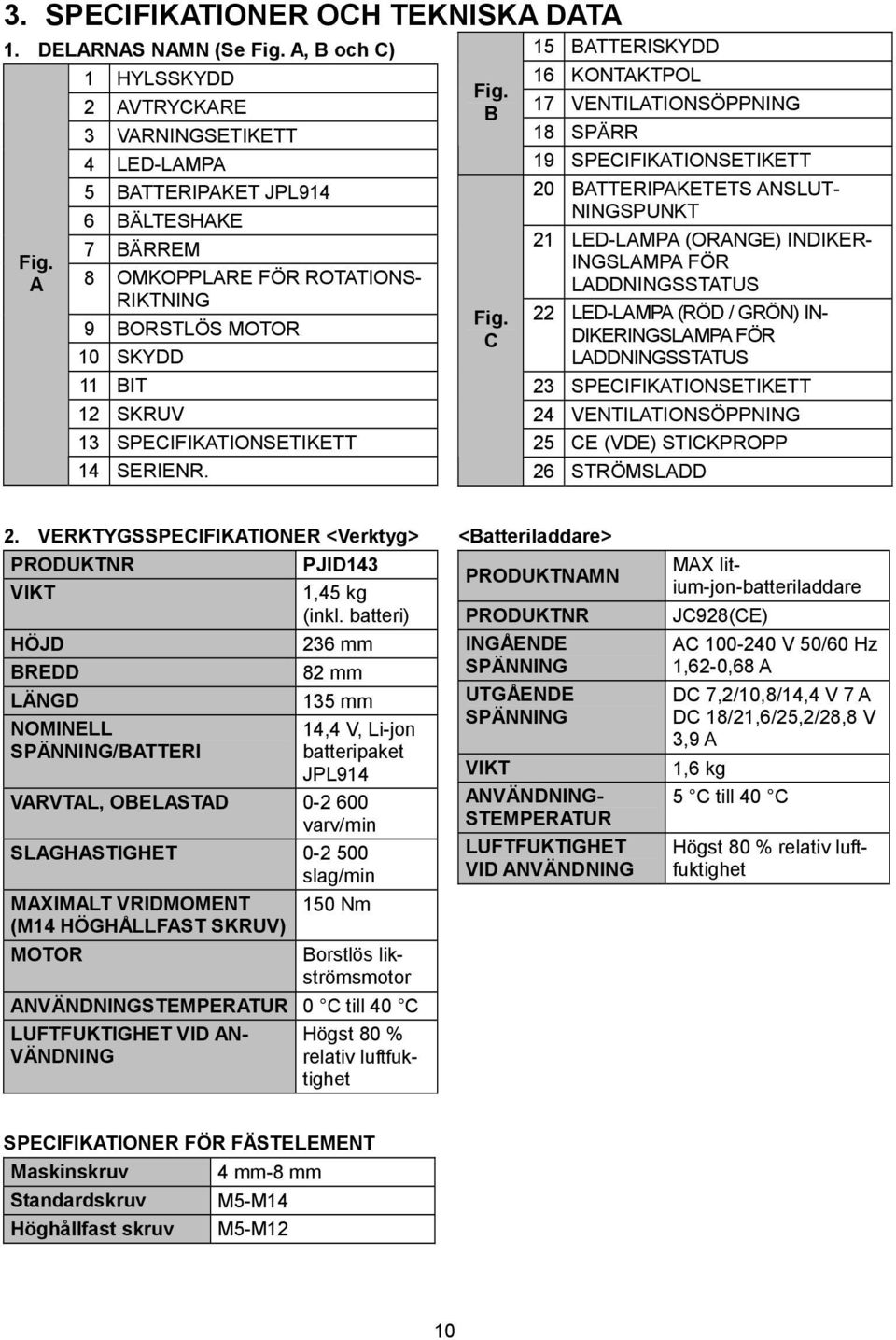 C 15 BATTERISKYDD 16 KONTAKTPOL 17 VENTILATIONSÖPPNING 18 SPÄRR 19 SPECIFIKATIONSETIKETT 20 BATTERIPAKETETS ANSLUT- NINGSPUNKT 21 LED-LAMPA (ORANGE) INDIKER- INGSLAMPA FÖR LADDNINGSSTATUS 22