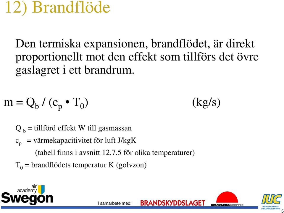 m = Q b / (c p T 0 ) (kg/s) Q b = tillförd effekt W till gasmassan c p =