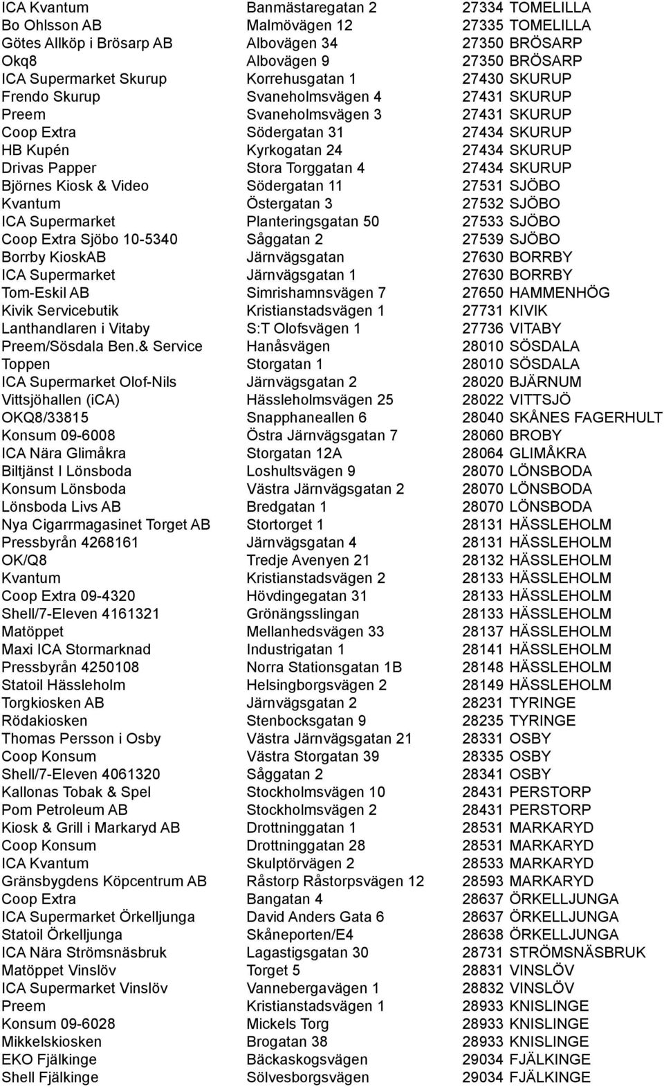 Stora Torggatan 4 27434 SKURUP Björnes Kiosk & Video Södergatan 11 27531 SJÖBO Kvantum Östergatan 3 27532 SJÖBO ICA Supermarket Planteringsgatan 50 27533 SJÖBO Coop Extra Sjöbo 10-5340 Såggatan 2