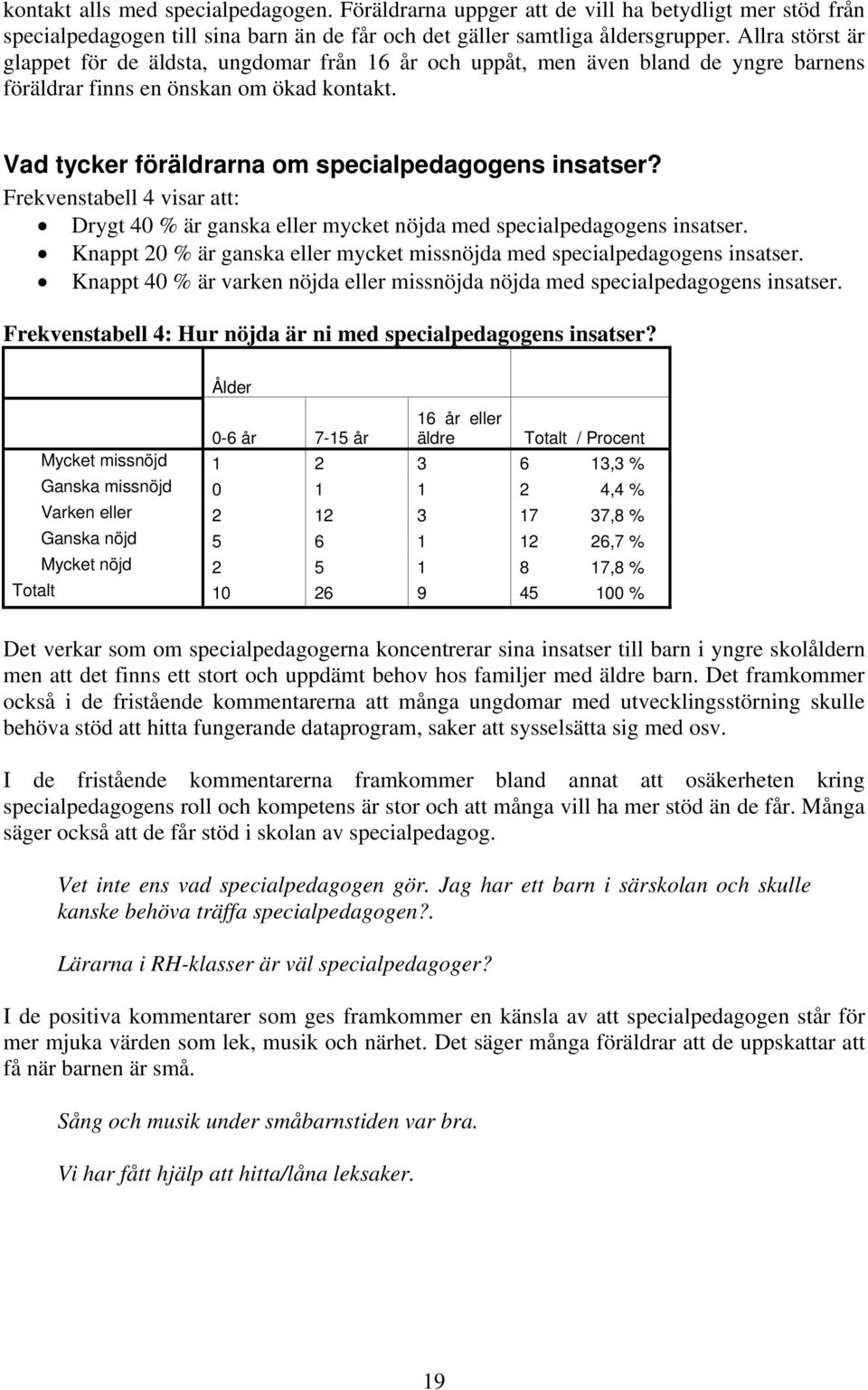 Frekvenstabell 4 visar att: Drygt 40 % är ganska eller mycket nöjda med specialpedagogens insatser. Knappt 20 % är ganska eller mycket missnöjda med specialpedagogens insatser.