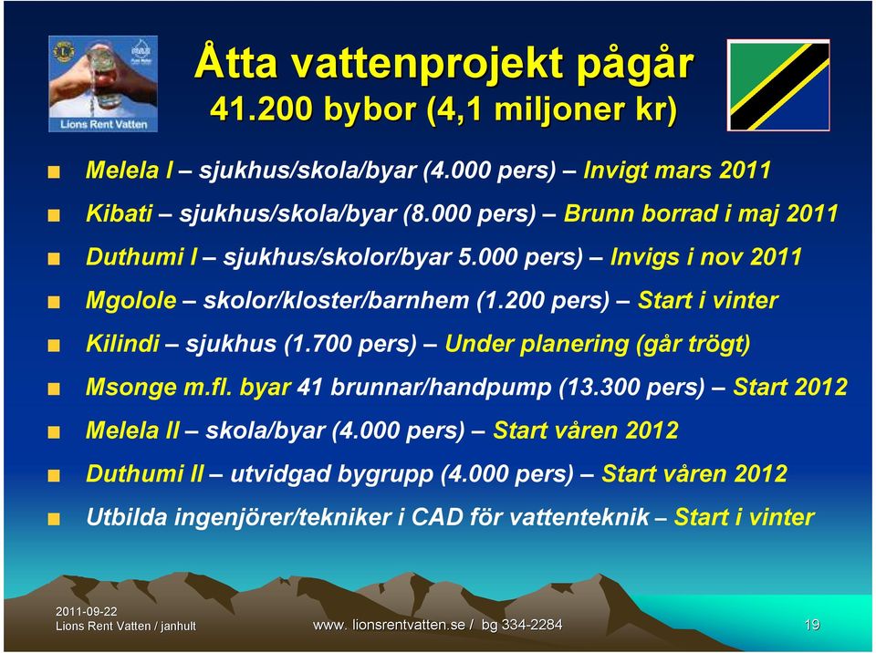 200 pers) Start i vinter Kilindi sjukhus (1.700 pers) Under planering (går trögt) Msonge m.fl. byar 41 brunnar/handpump (13.