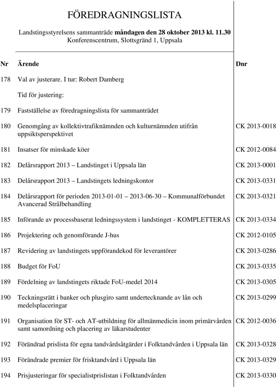 181 Insatser för minskade köer CK 2012-0084 182 Delårsrapport 2013 Landstinget i Uppsala län CK 2013-0001 183 Delårsrapport 2013 Landstingets ledningskontor CK 2013-0331 184 Delårsrapport för