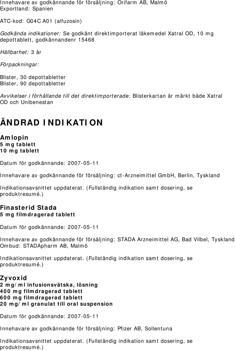 Unibenestan ÄNDRAD INDIKATION Amlopin 5 mg tablett 10 mg tablett Innehavare av godkännande för försäljning: ct-arzneimittel GmbH, Berlin, Tyskland Indikationsavsnittet uppdaterat.