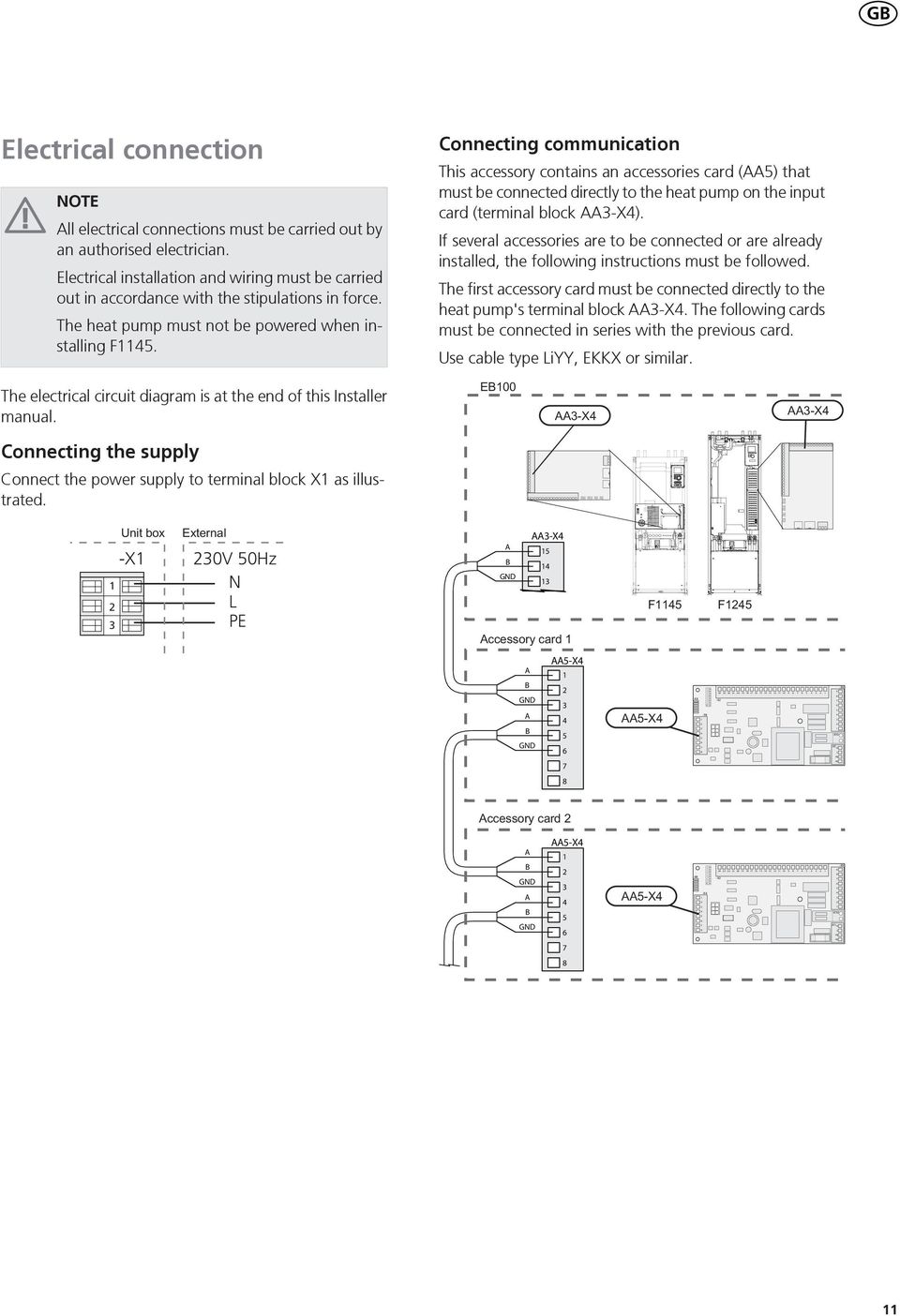 Connecting communication This accessory contains an accessories card () that must be connected directly to the heat pump on the input card (terminal block -X).