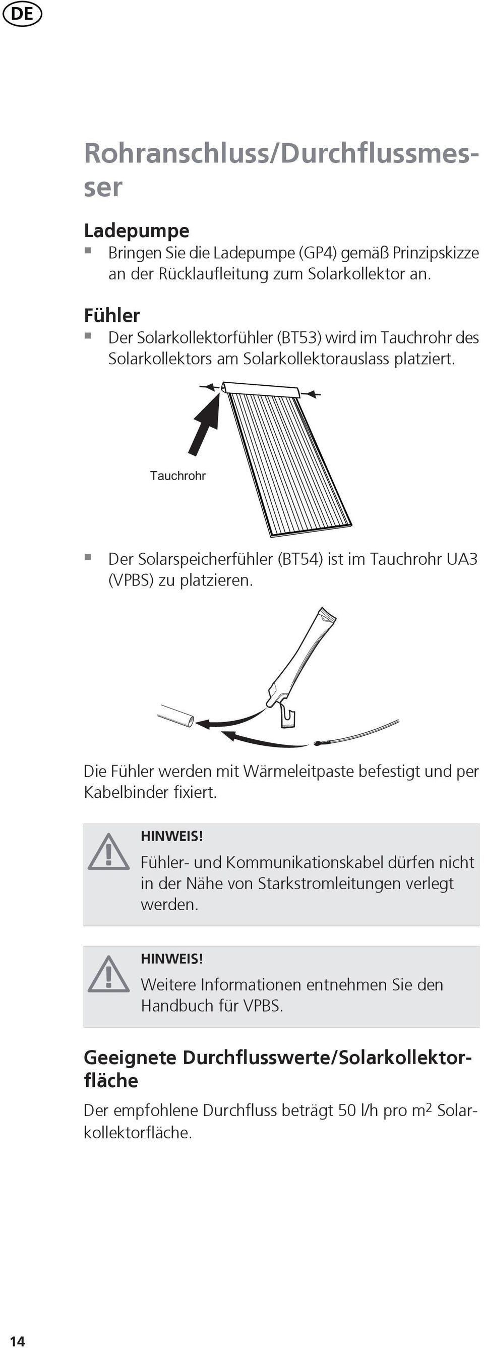 Der Solarspeicherfühler (T) ist im Tauchrohr U (VPS) zu platzieren. Die Fühler werden mit Wärmeleitpaste befestigt und per Kabelbinder fixiert. HINWEIS!