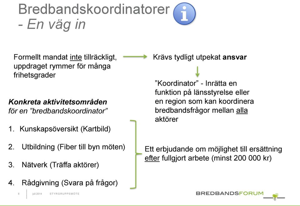 Nätverk (Träffa aktörer) Krävs tydligt utpekat ansvar Koordinator - Inrätta en funktion på länsstyrelse eller en region som kan koordinera