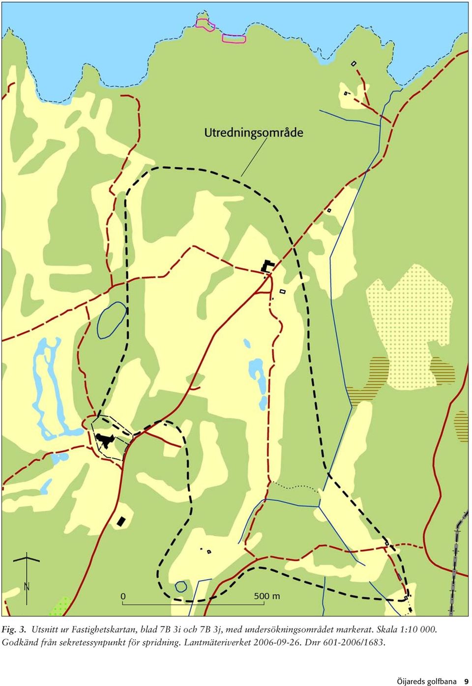 undersökningsområdet markerat. Skala 1:10 000.