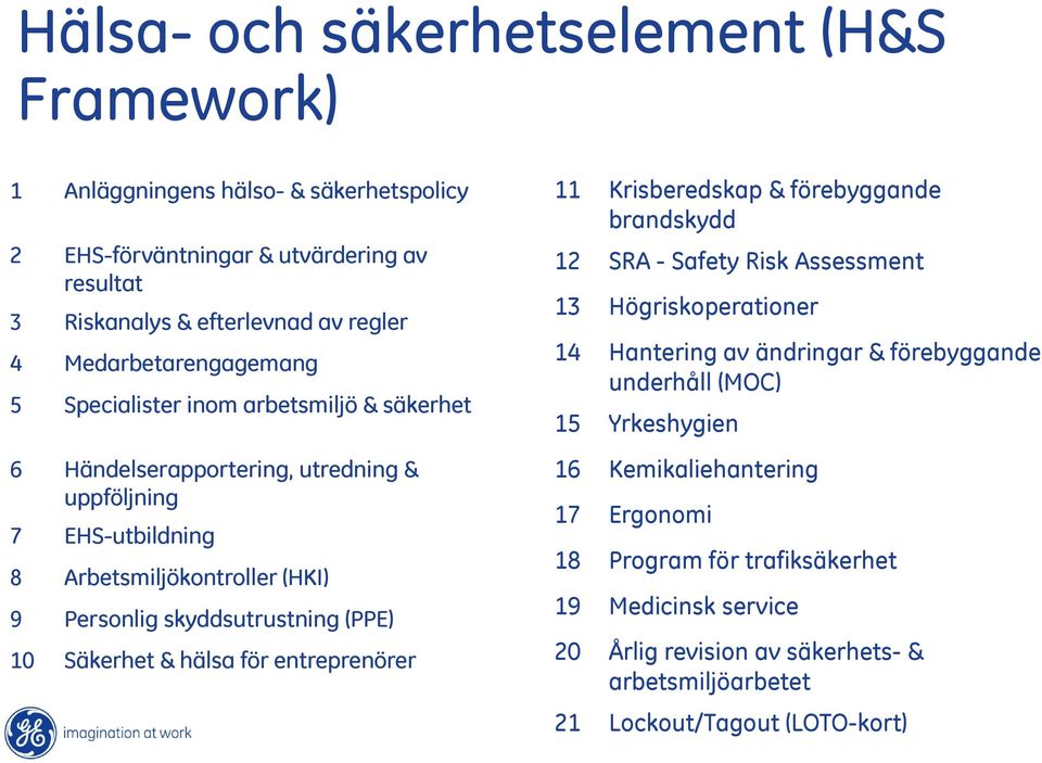 skyddsutrustning (PPE) 10 Säkerhet & hälsa för entreprenörer 11 Krisberedskap & förebyggande brandskydd 12 SRA - Safety Risk Assessment 13 Högriskoperationer 14 Hantering av ändringar