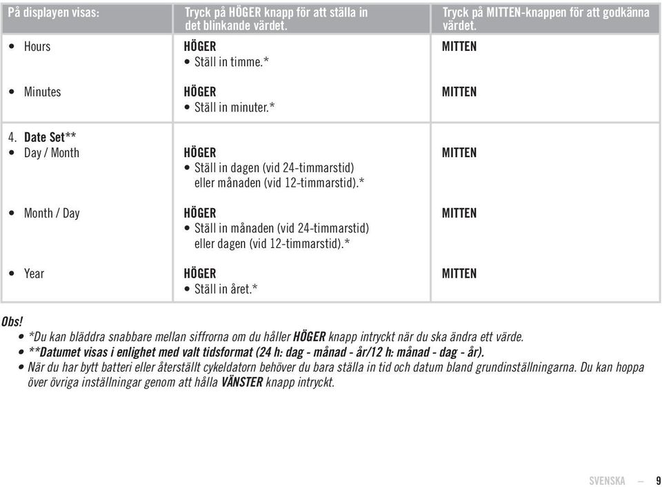* Ställ in månaden (vid 24-timmarstid) eller dagen (vid 12-timmarstid).* Ställ in året.* Obs! *Du kan bläddra snabbare mellan siffrorna om du håller knapp intryckt när du ska ändra ett värde.