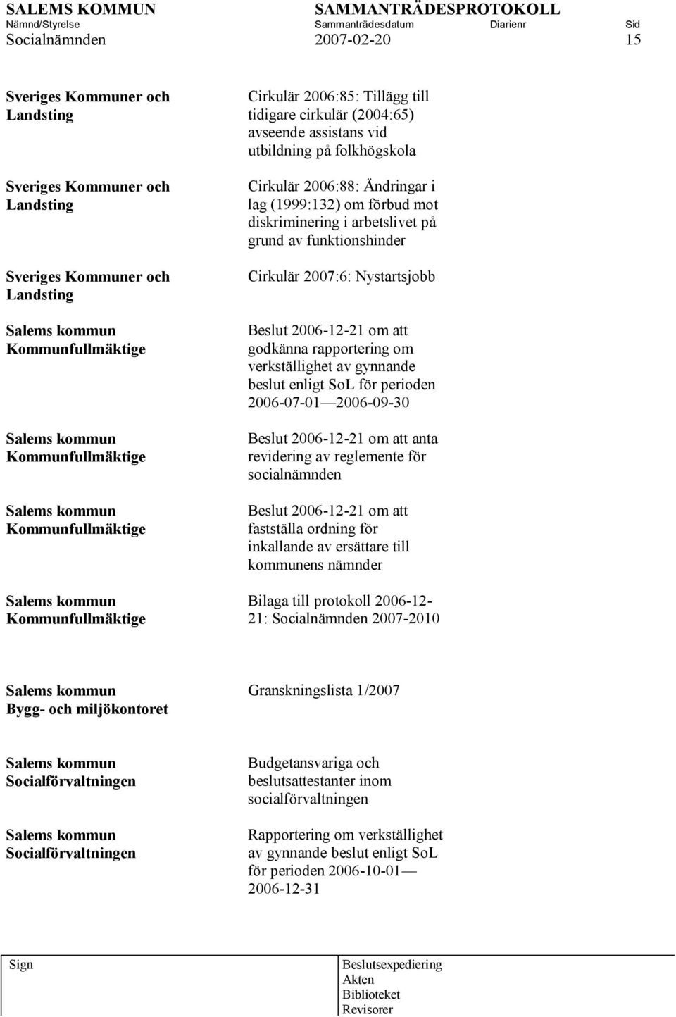 (1999:132) om förbud mot diskriminering i arbetslivet på grund av funktionshinder Cirkulär 2007:6: Nystartsjobb Beslut 2006-12-21 om att godkänna rapportering om verkställighet av gynnande beslut