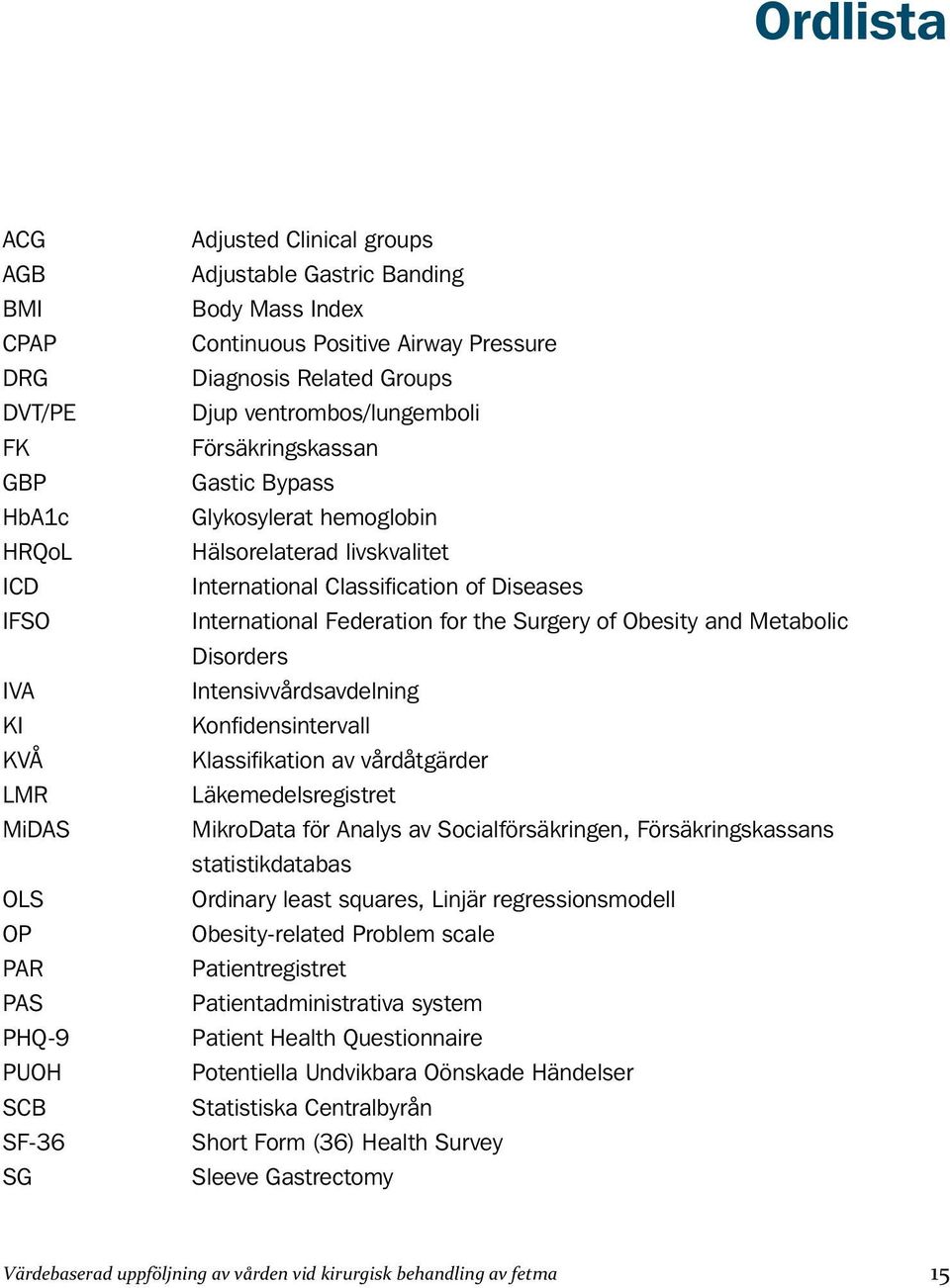 Classification of Diseases International Federation for the Surgery of Obesity and Metabolic Disorders Intensivvårdsavdelning Konfidensintervall Klassifikation av vårdåtgärder Läkemedelsregistret