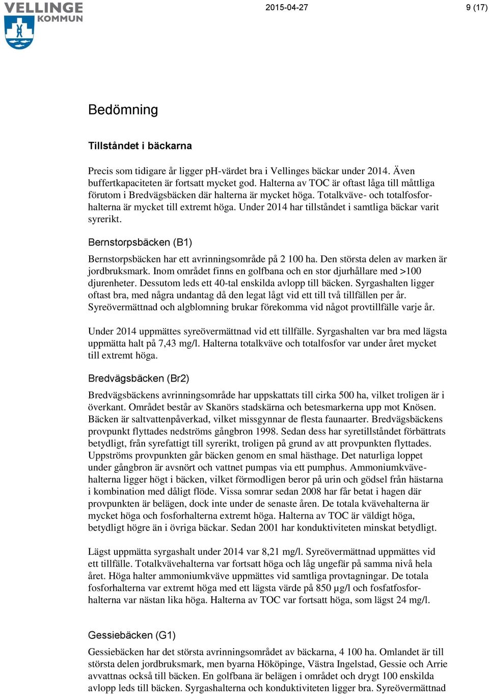 Under 2014 har tillståndet i samtliga bäckar varit syrerikt. Bernstorpsbäcken (B1) Bernstorpsbäcken har ett avrinningsområde på 2 100 ha. Den största delen av marken är jordbruksmark.