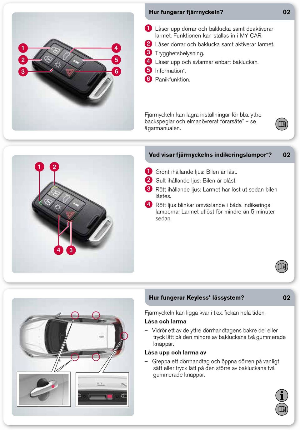 Vad visar fjärrnyckelns indikeringslampor*? 02 Grönt ihållande ljus: Bilen är låst. Gult ihållande ljus: Bilen är olåst. Rött ihållande ljus: Larmet har löst ut sedan bilen låstes.