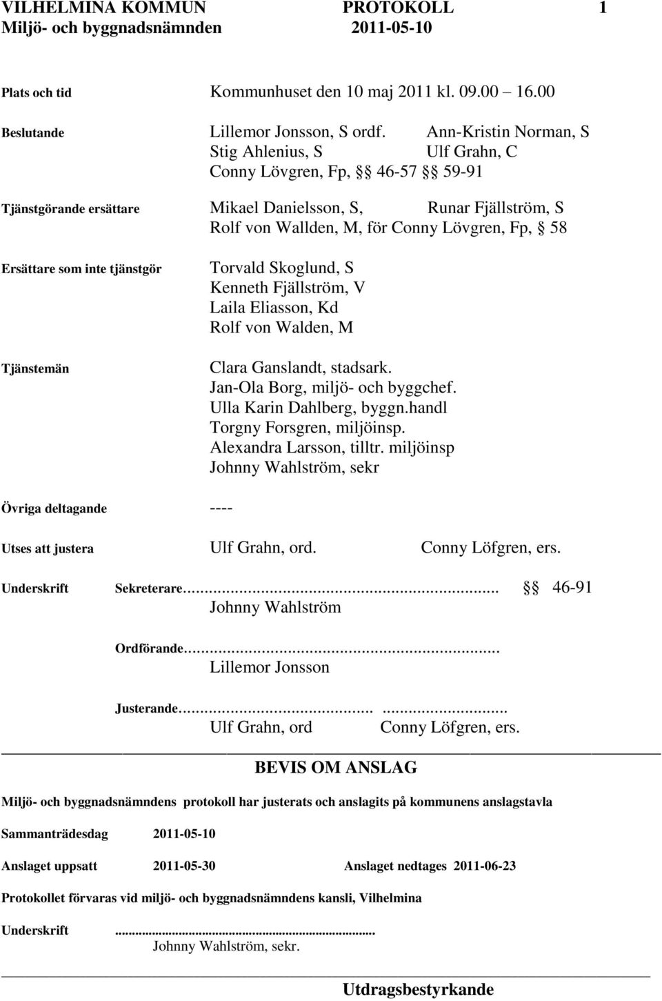 Ersättare som inte tjänstgör Tjänstemän Torvald Skoglund, S Kenneth Fjällström, V Laila Eliasson, Kd Rolf von Walden, M Clara Ganslandt, stadsark. Jan-Ola Borg, miljö- och byggchef.