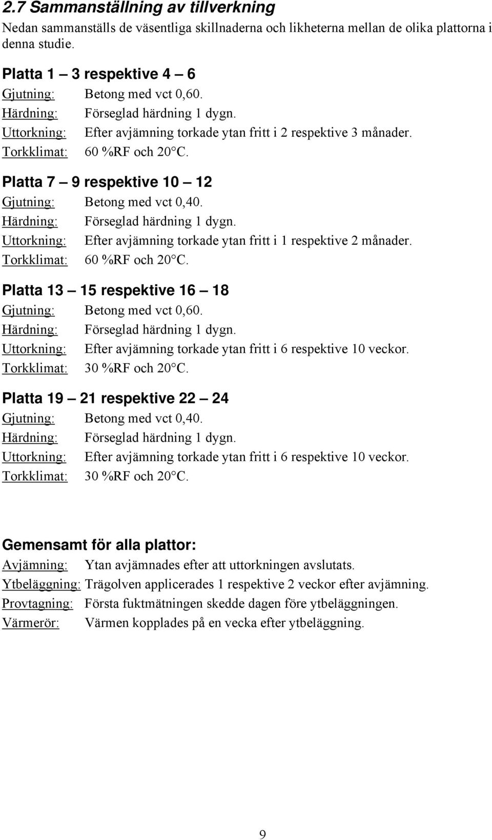 Härdning: Förseglad härdning 1 dygn. Uttorkning: Efter avjämning torkade ytan fritt i 1 respektive 2 månader. Torkklimat: 6 %RF och 2 C. Platta 13 15 respektive 16 18 Gjutning: Betong med vct,6.