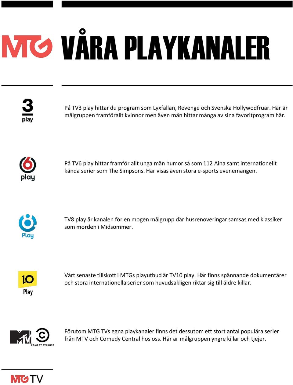 TV8 play är kanalen för en mogen målgrupp där husrenoveringar samsas med klassiker som morden i Midsommer. Vårt senaste tillskott i MTGs playutbud är TV10 play.