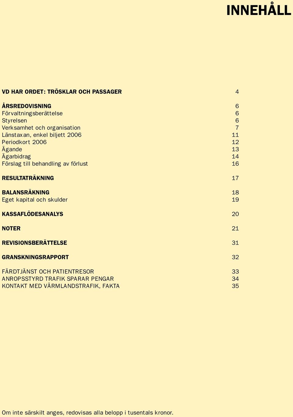 BALANSRÄKNING 18 Eget kapital och skulder 19 KASSAFLÖDESANALYS 20 NOTER 21 REVISIONSBERÄTTELSE 31 GRANSKNINGSRAPPORT 32 FÄRDTJÄNST OCH