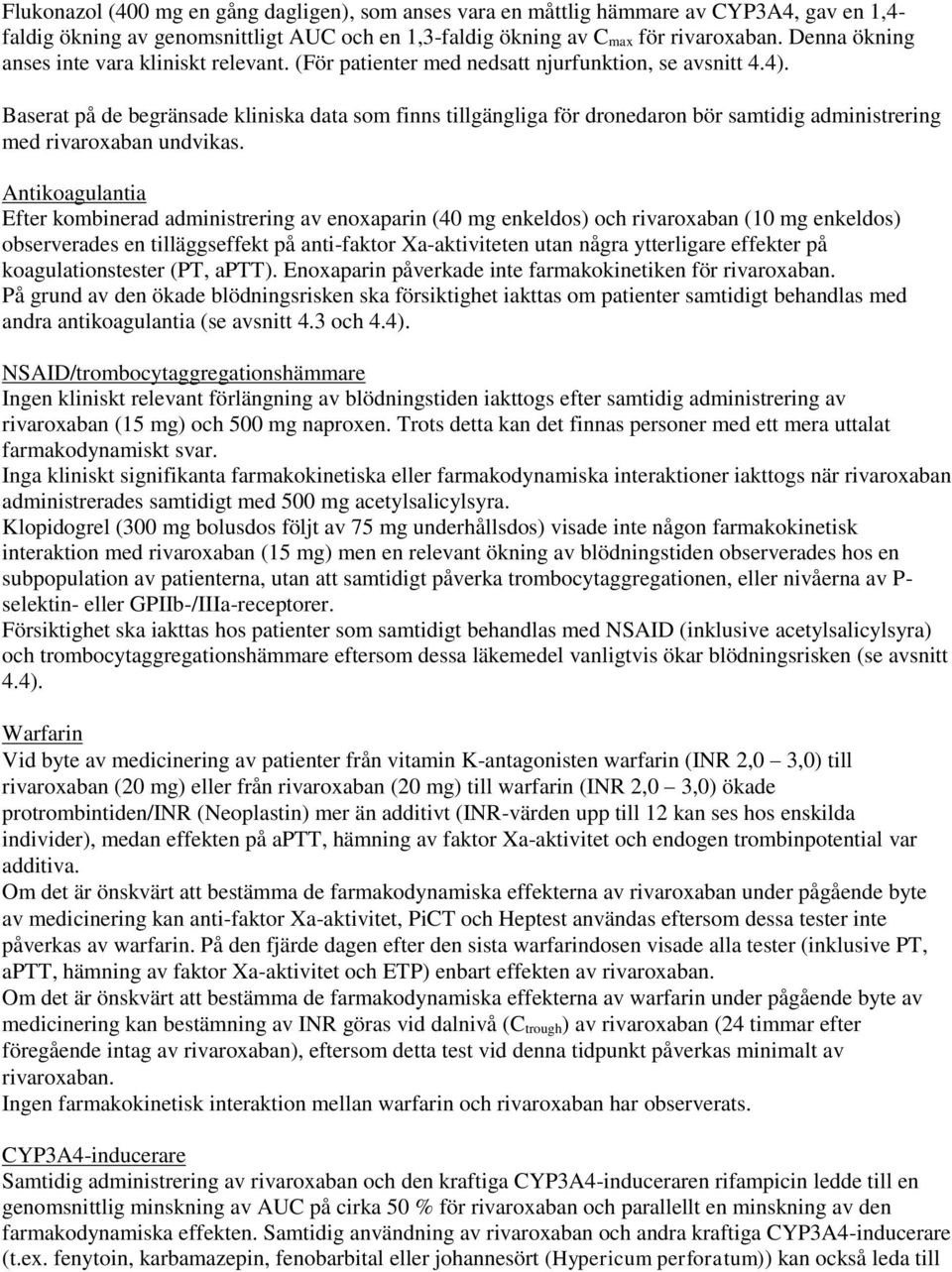 Baserat på de begränsade kliniska data som finns tillgängliga för dronedaron bör samtidig administrering med rivaroxaban undvikas.