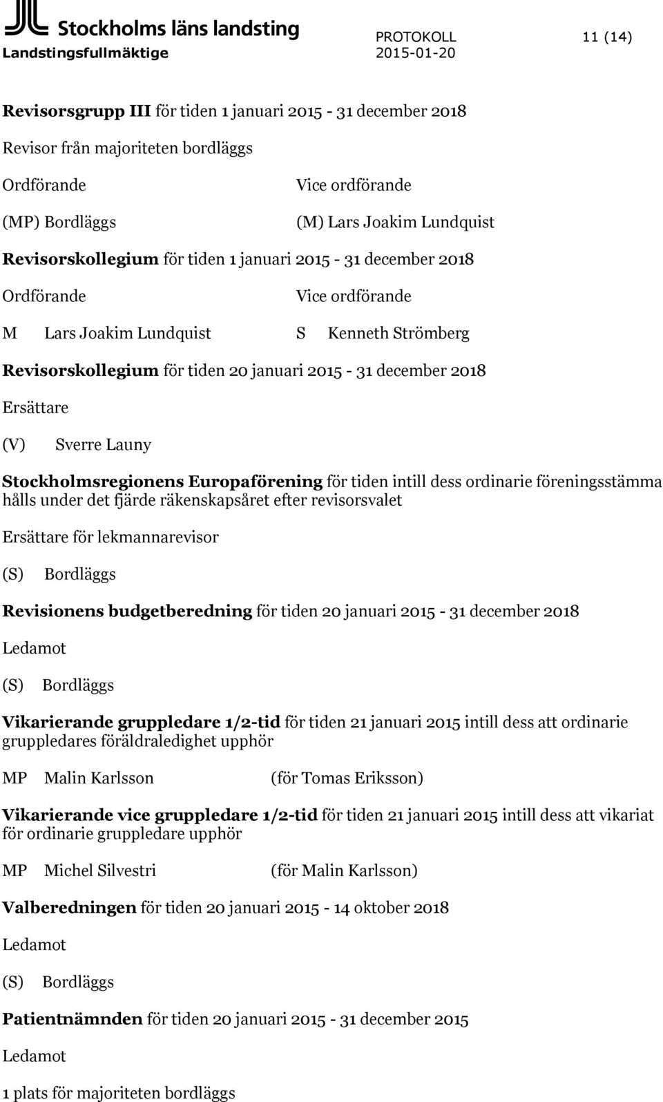 december 2018 Ersättare (V) Sverre Launy Stockholmsregionens Europaförening för tiden intill dess ordinarie föreningsstämma hålls under det fjärde räkenskapsåret efter revisorsvalet Ersättare för