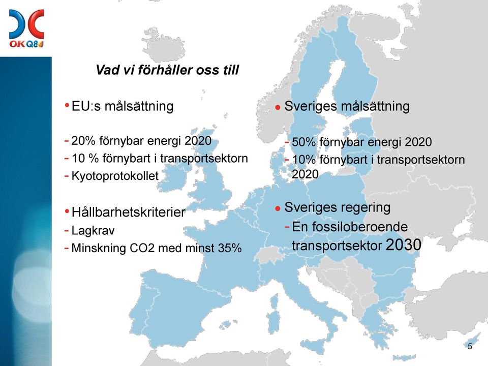 Minskning CO2 med minst 35% Sveriges målsättning 50% förnybar energi 2020 10%