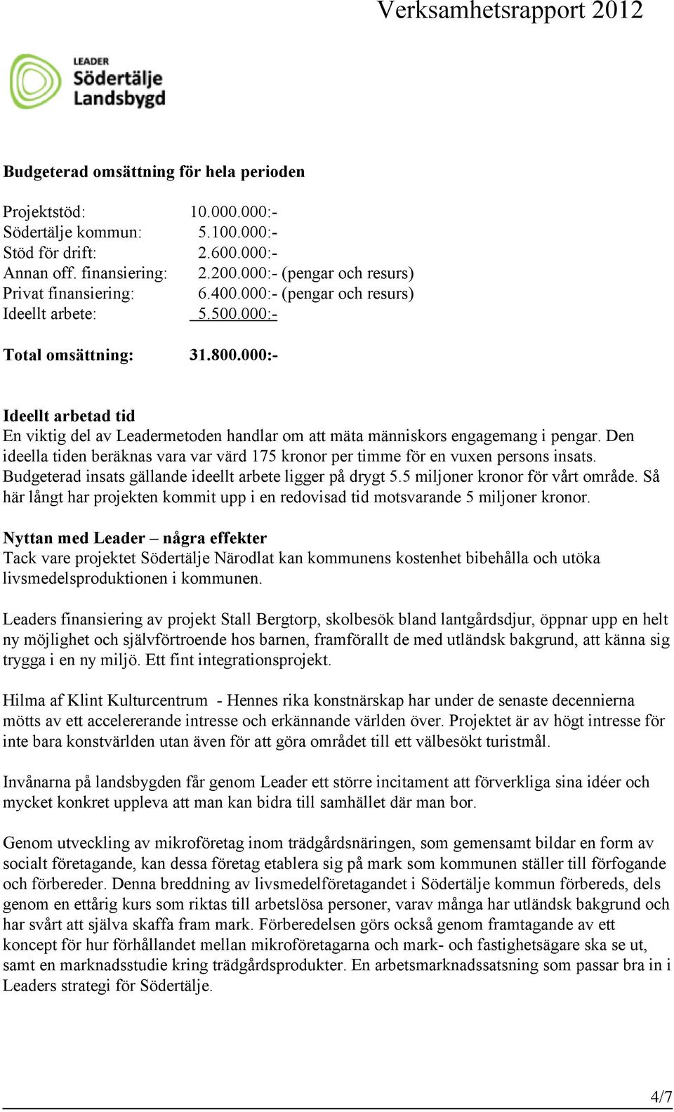 000:- Ideellt arbetad tid En viktig del av Leadermetoden handlar om att mäta människors engagemang i pengar. Den ideella tiden beräknas vara var värd 175 kronor per timme för en vuxen persons insats.