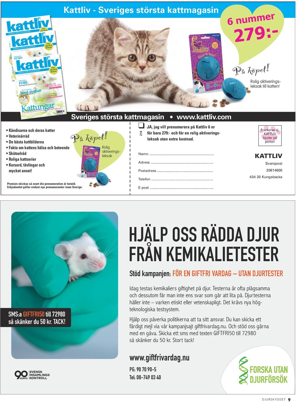 Premien skickas så snart din prenumeration är betald. Erbjudandet gäller endast nya prenumeranter inom Sverige. Sveriges största kattmagasin På köpet!