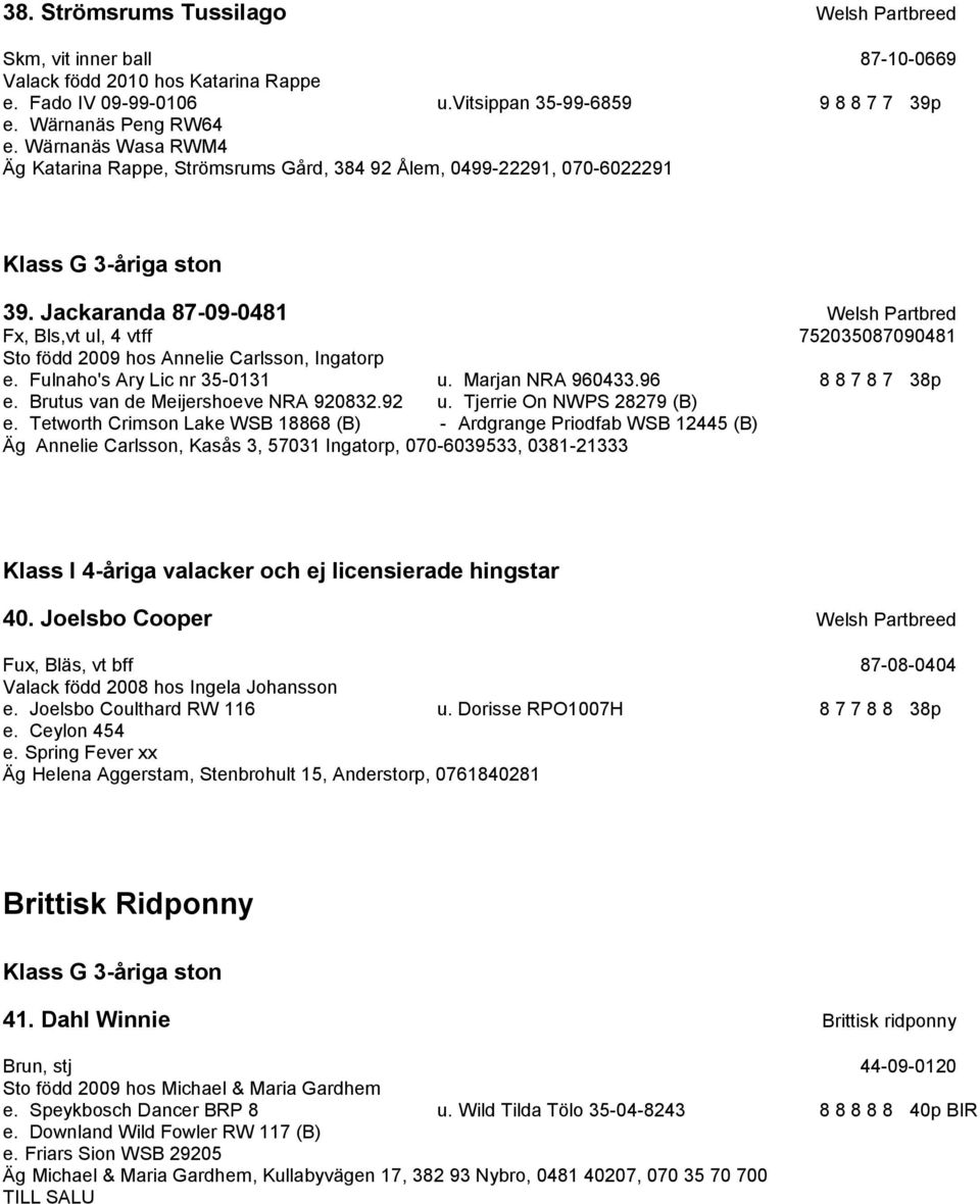 Jackaranda 87-09-0481 Welsh Partbred Fx, Bls,vt ul, 4 vtff 752035087090481 Sto född 2009 hos Annelie Carlsson, Ingatorp e. Fulnaho's Ary Lic nr 35-0131 u. Marjan NRA 960433.96 8 8 7 8 7 38p e.