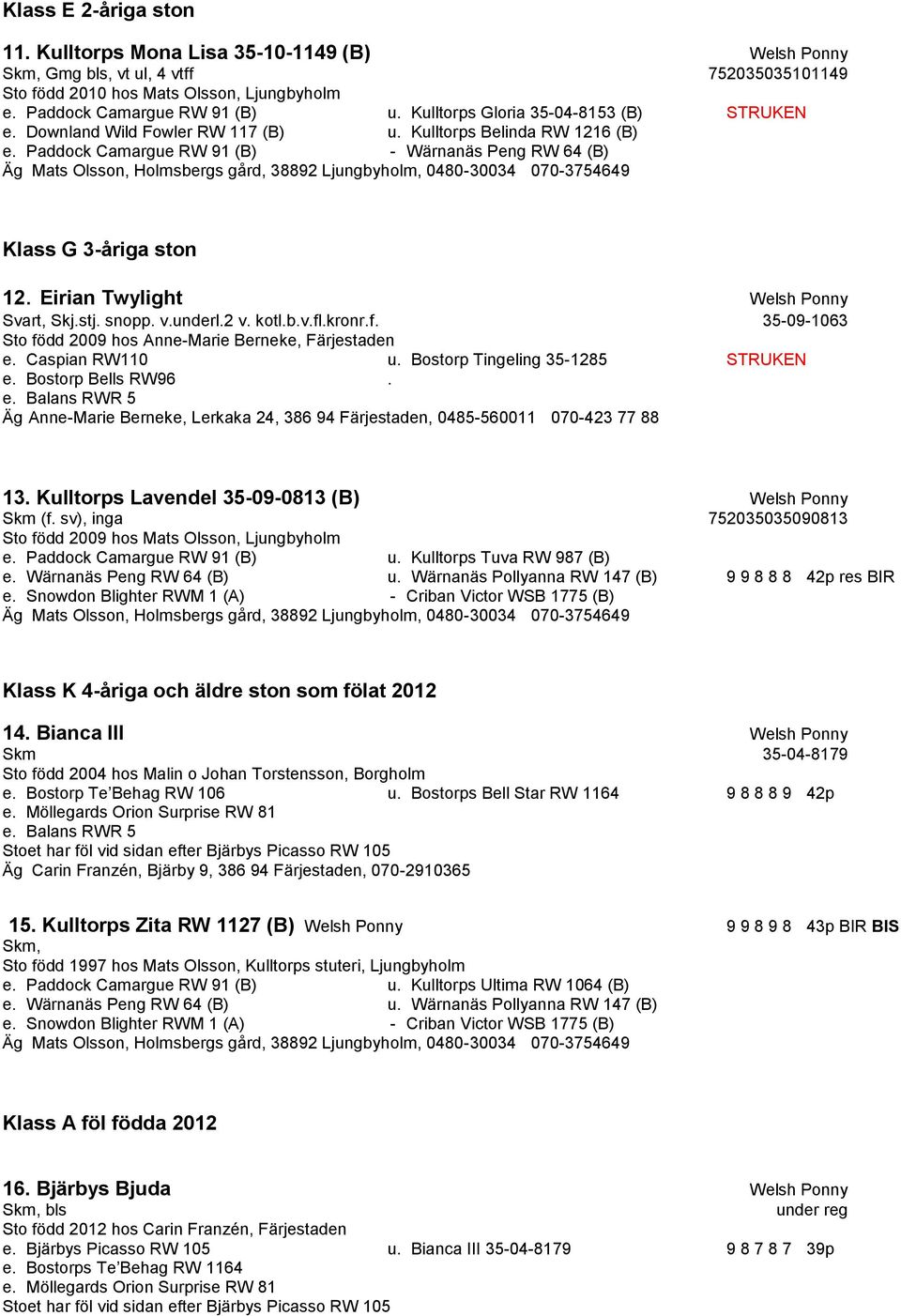 Paddock Camargue RW 91 (B) - Wärnanäs Peng RW 64 (B) Äg Mats Olsson, Holmsbergs gård, 38892 Ljungbyholm, 0480-30034 070-3754649 Klass G 3-åriga ston 12. Eirian Twylight Welsh Ponny Svart, Skj.stj.