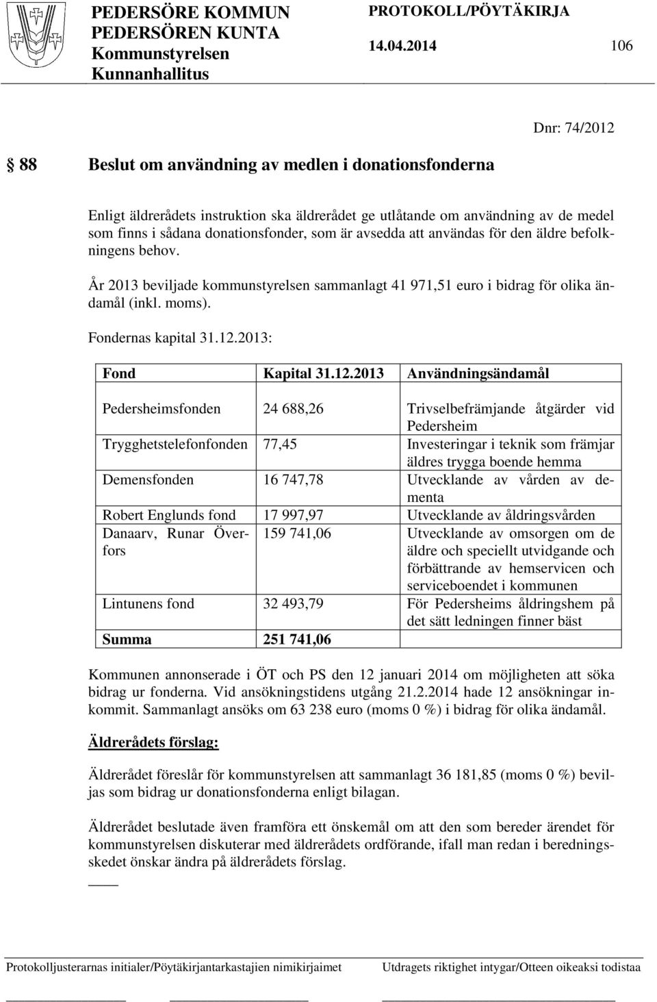 som är avsedda att användas för den äldre befolkningens behov. År 2013 beviljade kommunstyrelsen sammanlagt 41 971,51 euro i bidrag för olika ändamål (inkl. moms). Fondernas kapital 31.12.