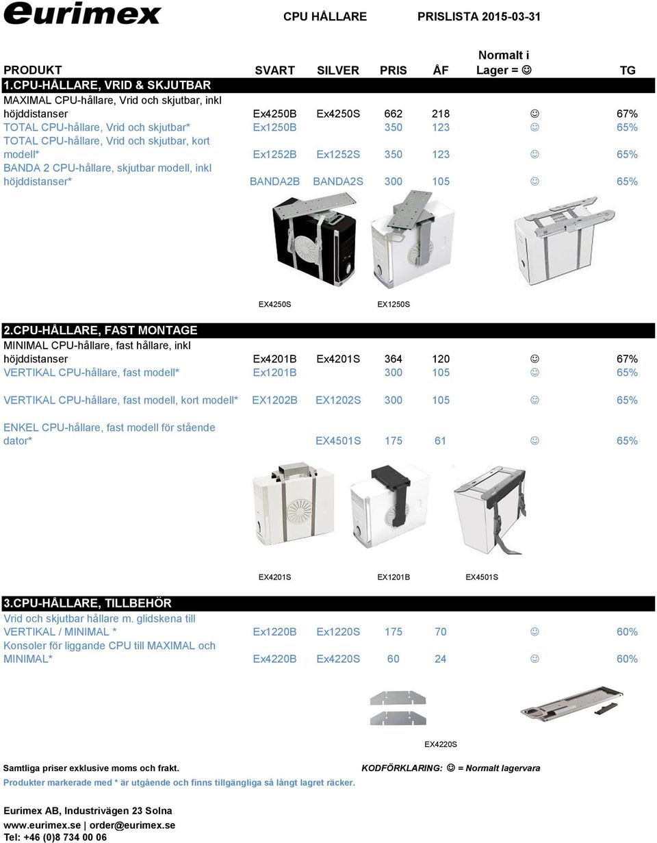 Vrid och skjutbar, kort modell* Ex1252B Ex1252S 350 123 J 65% BANDA 2 CPU-hållare, skjutbar modell, inkl höjddistanser* BANDA2B BANDA2S 300 105 J 65% EX4250S EX1250S 2.