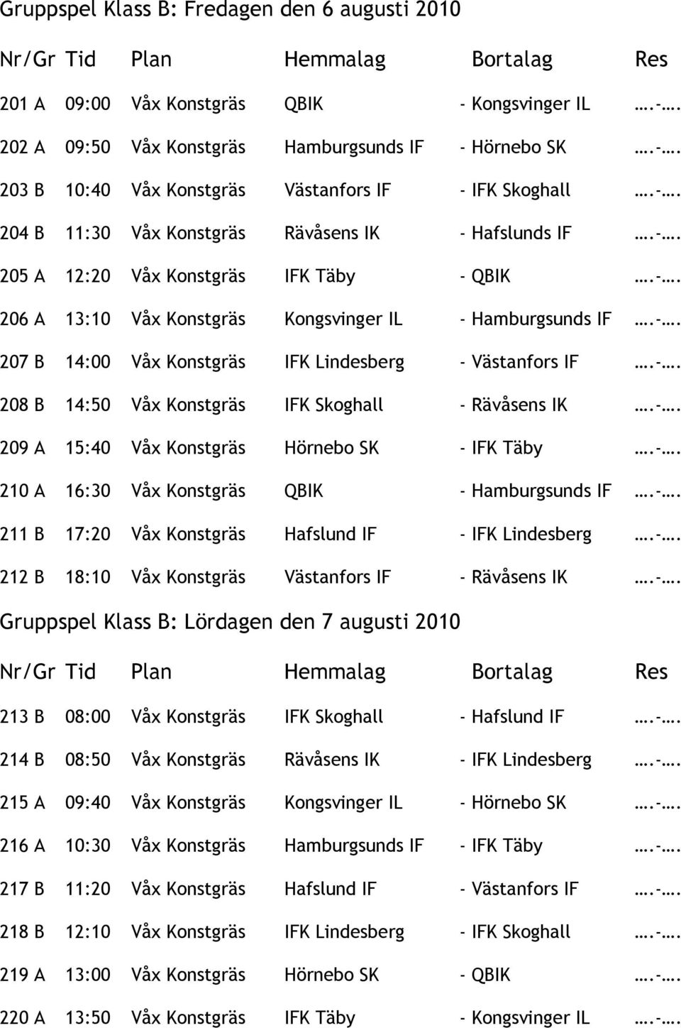 -. 208 B 14:50 Våx Konstgräs IFK Skoghall - Rävåsens IK.-. 209 A 15:40 Våx Konstgräs Hörnebo SK - IFK Täby.-. 210 A 16:30 Våx Konstgräs QBIK - Hamburgsunds IF.-. 211 B 17:20 Våx Konstgräs Hafslund IF - IFK Lindesberg.
