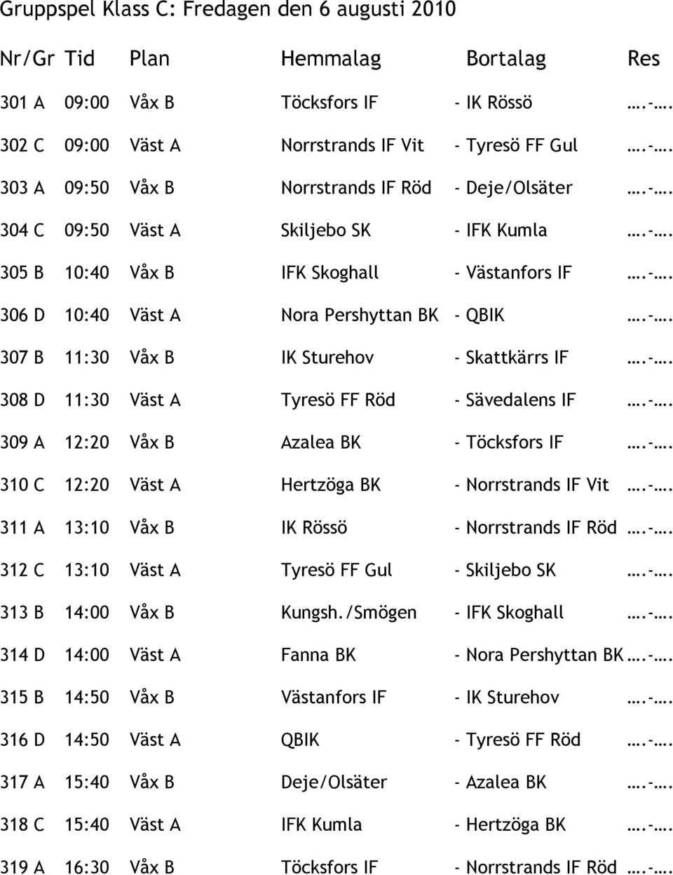 -. 309 A 12:20 Våx B Azalea BK - Töcksfors IF.-. 310 C 12:20 Väst A Hertzöga BK - Norrstrands IF Vit.-. 311 A 13:10 Våx B IK Rössö - Norrstrands IF Röd.-. 312 C 13:10 Väst A Tyresö FF Gul - Skiljebo SK.