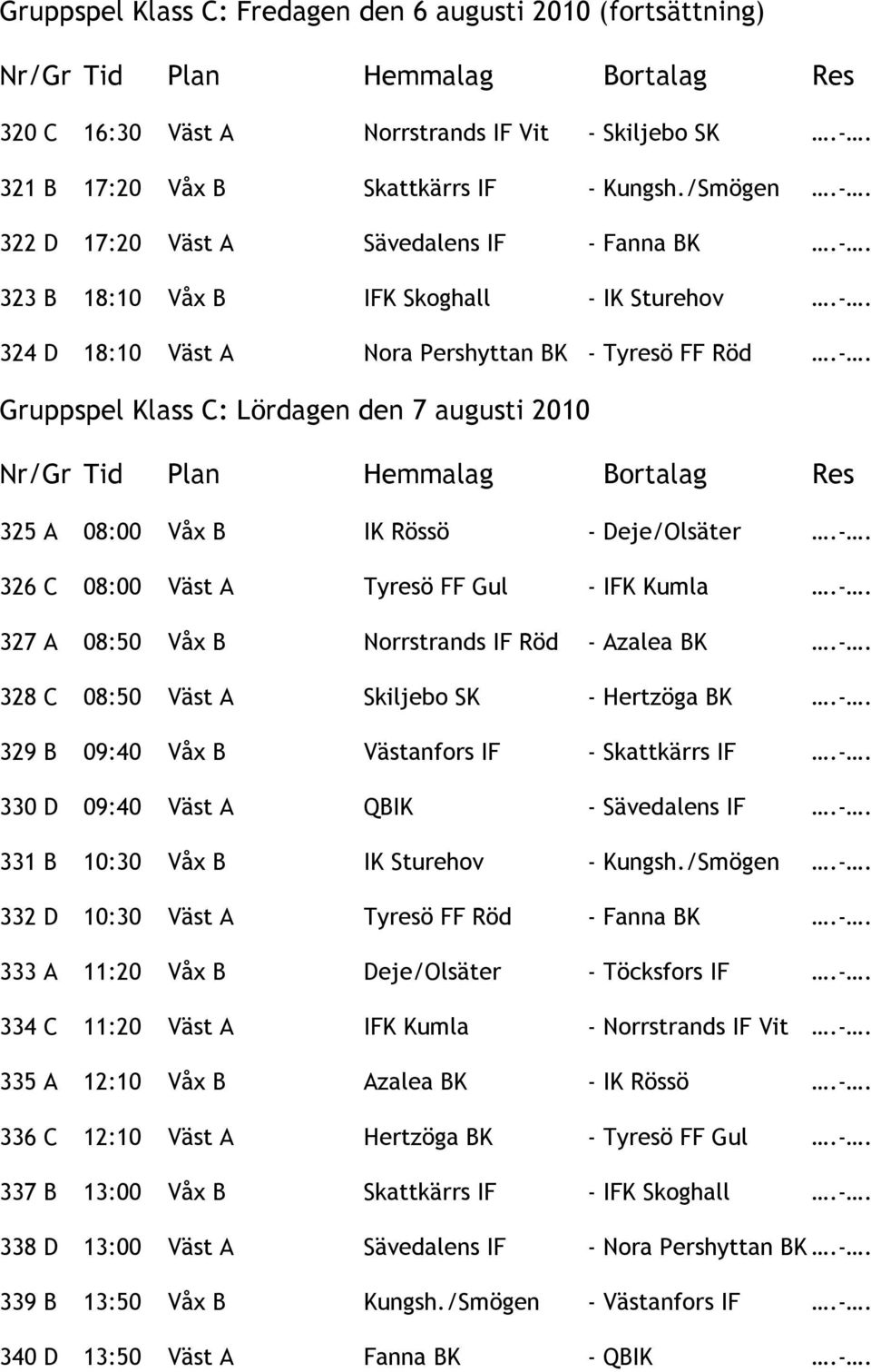 -. 326 C 08:00 Väst A Tyresö FF Gul - IFK Kumla.-. 327 A 08:50 Våx B Norrstrands IF Röd - Azalea BK.-. 328 C 08:50 Väst A Skiljebo SK - Hertzöga BK.-. 329 B 09:40 Våx B Västanfors IF - Skattkärrs IF.