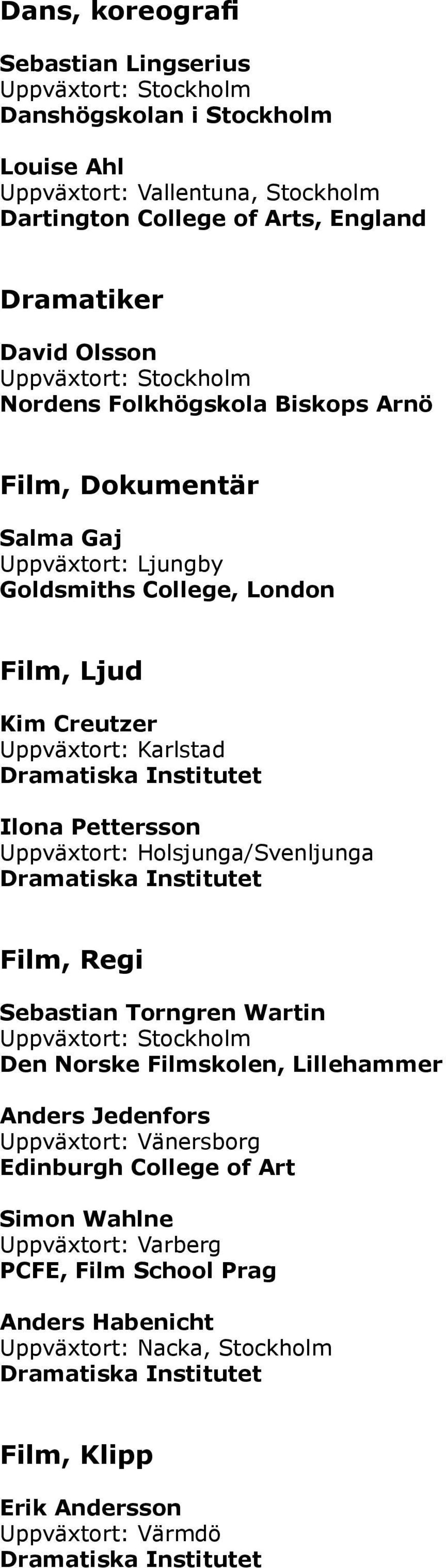 Ilona Pettersson Uppväxtort: Holsjunga/Svenljunga Film, Regi Sebastian Torngren Wartin Den Norske Filmskolen, Lillehammer Anders Jedenfors Uppväxtort: Vänersborg