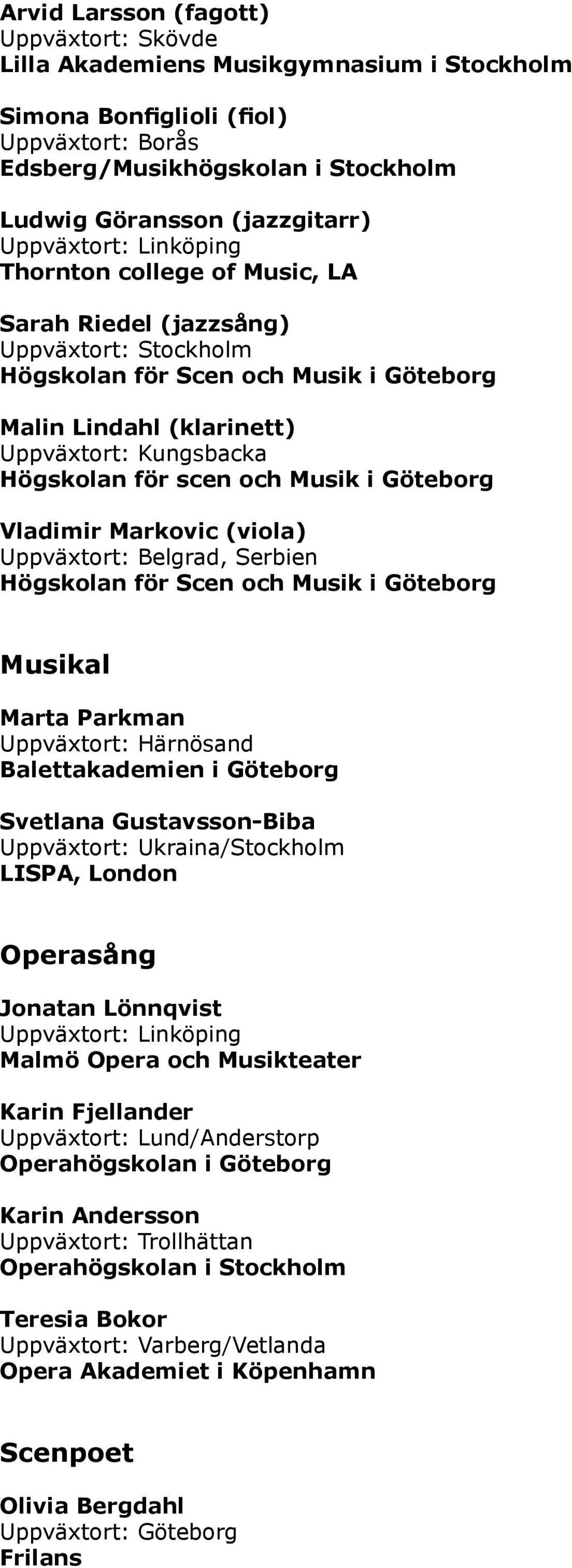 Marta Parkman Uppväxtort: Härnösand Balettakademien i Göteborg Svetlana Gustavsson-Biba Uppväxtort: Ukraina/Stockholm LISPA, London Operasång Jonatan Lönnqvist Uppväxtort: Linköping Malmö Opera och