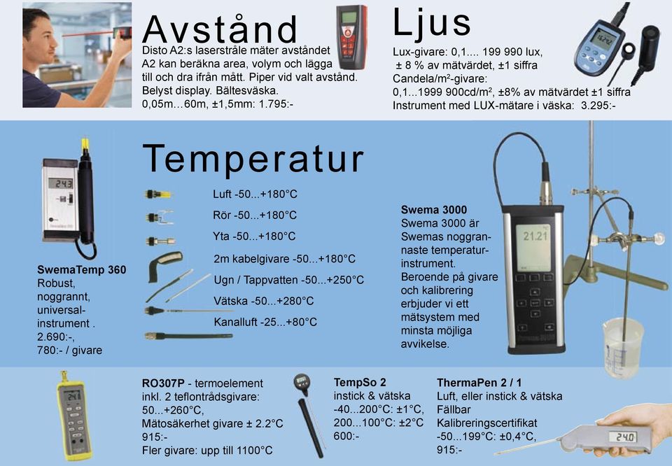 295:- Temperatur SwemaTemp 360 Robust, noggrannt, universalinstrument. 2.690:-, 780:- / givare Luft -50...+180 C Rör -50...+180 C Yta -50...+180 C 2m kabelgivare -50...+180 C Ugn / Tappvatten -50.