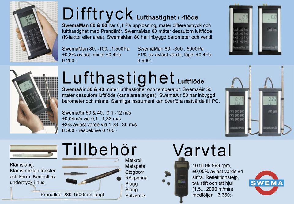 900:- Lufthastighet Luftflöde SwemaAir 50 & 40 mäter lufthastighet och temperatur. SwemaAir 50 mäter dessutom luftfl öde (kanalarea anges). SwemaAir 50 har inbyggd barometer och minne.